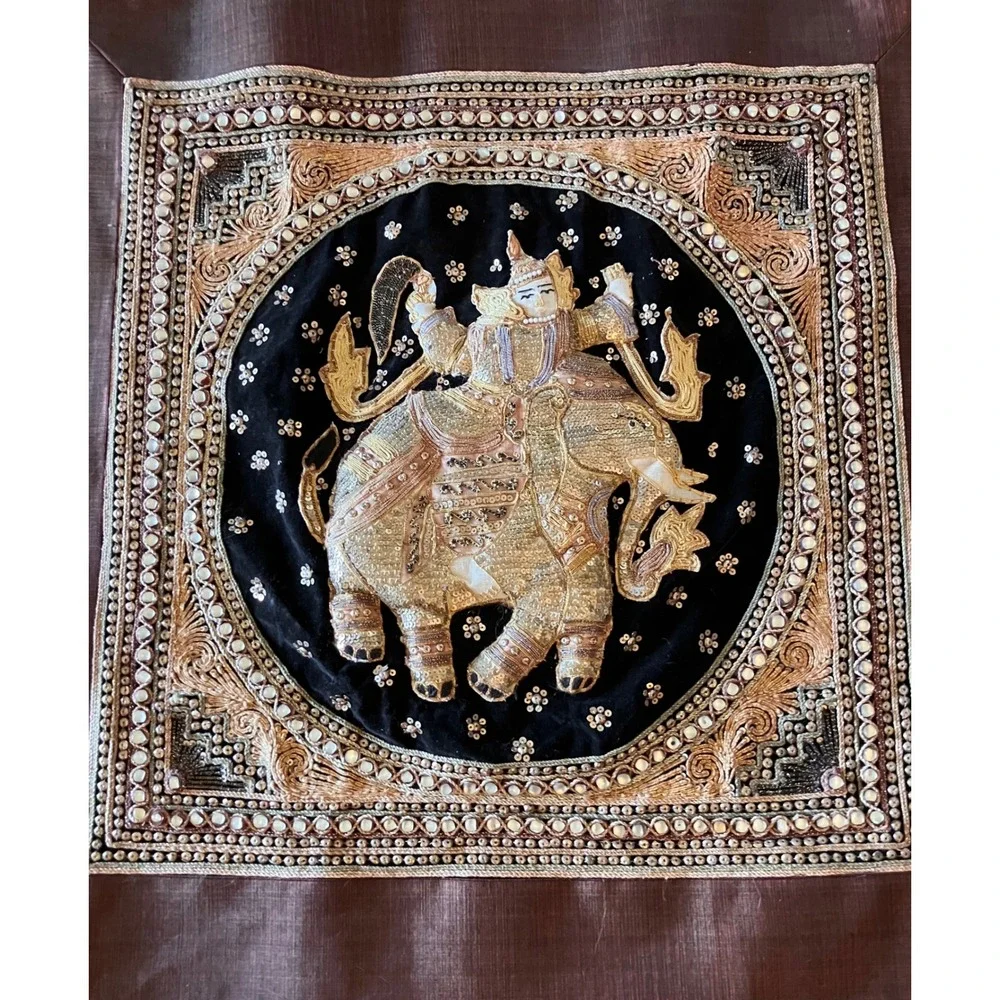 Vintage Kalaga Elephant Wall Hanging Tapestry Brown Gold Embroidered Art